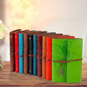 Vintage PU Leather Notebook Leaf Embossed Journal Strap Closure Loose Leaf Traveler Diary With Metal Leaf Charm