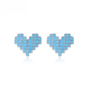 Macro shot of S925 sterling silver pixel heart stud earrings with blue stone inlay