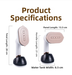 Detailed dimensions of portable handheld garment steamer with 28cm total length
