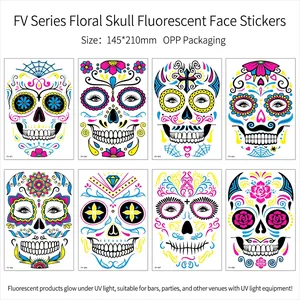 UV fluorescent sugar skull face tattoos set for Day of the Dead festival and Halloween