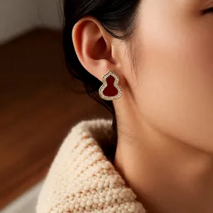 Elegant vintage Wulu stud earrings with red enamel and pavé zircons for women