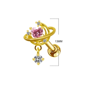 Detail view showing 13mm gold butterfly earring with pink heart zircon and crystal accents