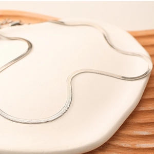 Close-up of sleek silver snake bone chain necklace on white ceramic tray