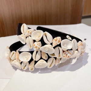 Baroque black velvet headband with natural shells and white pearls in marine style