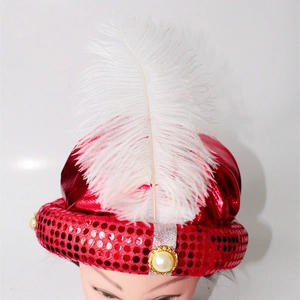 Detail of red stage hat featuring shiny sequins, a white pearl button and a fluffy feather