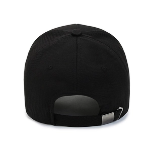 Rear view of black pineapple fabric baseball cap with adjustable metal buckle strap