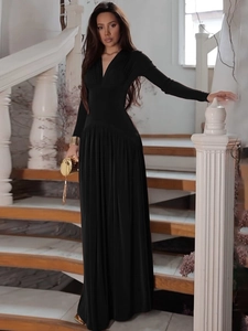 Elegant V Neck Long Sleeve Maxi Dress Solid Color Slim Fit High Waist Pleated Large Hem Polyester Spandex Women Long Gown