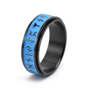 Luminous spinning Viking runes ring in matte black titanium steel with blue inlay
