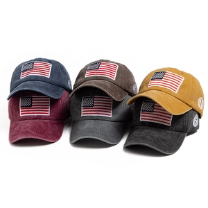 Distressed cotton baseball caps with USA flag embroidery in six assorted vintage colors
