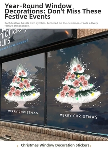 Detail of a Christmas tree window sticker with pink flowers and Merry Christmas text