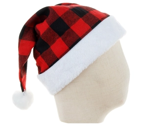 Close-up of red and black buffalo plaid Christmas hat with plush trim and pom-pom