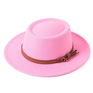 Detail of pink wool fedora with brown leather band and side tassel ornament