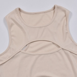 Detail view of the beige ribbed knit bodysuit featuring a front cutout and round neck