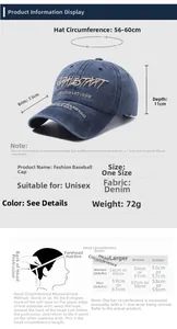 Size chart showing baseball cap dimensions including circumference and brim measurements