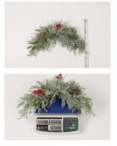 Macro view showing dimensions and 142g weight of Christmas red berry pinecone door garland