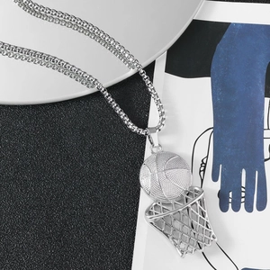 Hip hop silver basketball hoop pendant necklace with box chain for sports lovers