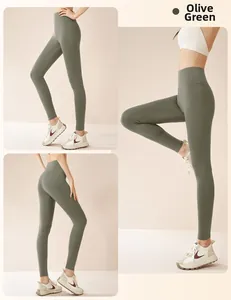Detail view of olive green high-waisted yoga pants showing slimming fit from all angles