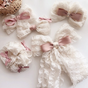 French vintage beige ruffled chiffon bow hair clip set and scrunchies for girls
