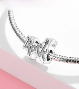 925 sterling silver ROCK logo charm with guitar motif for DIY snake chain bracelets
