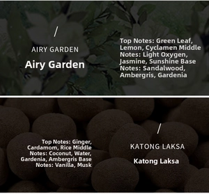 Detailed fragrance notes for Airy Garden and Katong Laksa essential oil soy candles