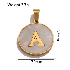 Golden round stainless steel pendant with white shell inlay and letter A motif