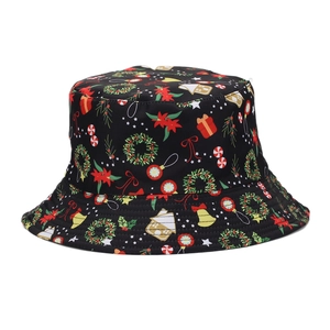 Close-up of vibrant Christmas holiday patterns printed on a high-quality black bucket hat