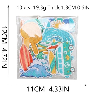 Set of 10 embroidered surf patches with surfboard and wave designs for beach themes