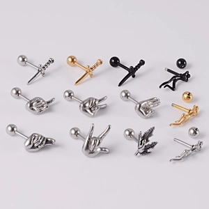 Collection of stainless steel stud earrings in silver, gold, and black hand gestures
