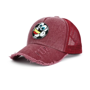 Distressed burgundy washed denim baseball cap with soccer embroidery and breathable mesh back