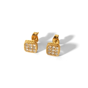 Macro detail of 18K gold stainless steel square stud earrings with crystal zircon inlay