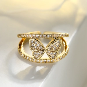 Elegant gold butterfly open ring with sparkling white cubic zirconia in high-end design