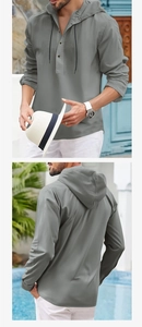 Detail showing the Henley neck design with buttons and drawstring on a grey hooded shirt