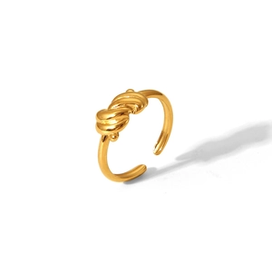 Detailed view of adjustable gold knot ring made of polished stainless steel for women