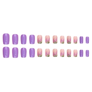 24pcs purple and pink press-on nails set with elegant flower patterns and line art
