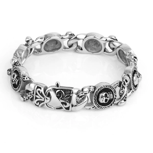 Gothic silver skull bracelet with vintage flower clasp in punk style on white background