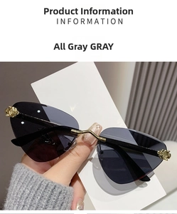Close-up of rimless heart-shaped sunglasses featuring golden leopard head temple details