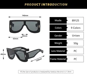 Detailed dimension guide for oversized futuristic sunglasses showing lens and frame size