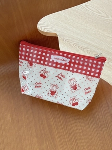 Waterproof red cherry bear PVC makeup bag with cute cartoon prints and top zipper