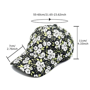 Floral print baseball cap for women with dimensions for head circumference and visor length