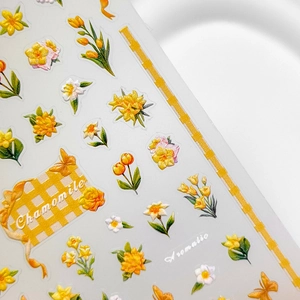 Japanese chamomile floral nail art stickers with 3D embossed texture and yellow tulips