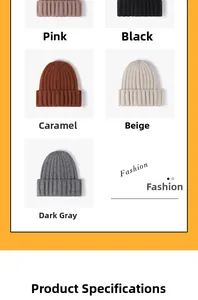 Flat lay of thick knit beanies in pink, black, caramel, beige, and dark grey colors