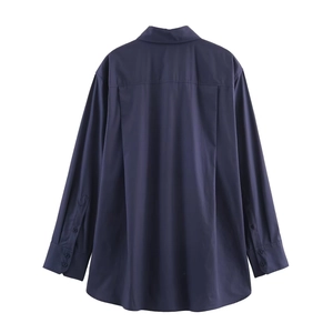 Navy blue long sleeve poplin shirt for women featuring a minimalist back view design