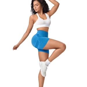 Seamless high-waisted bright blue yoga shorts for women with tummy control and lifting effect