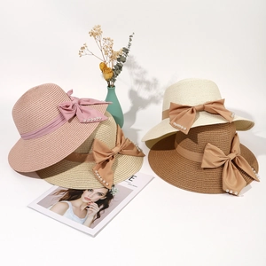 French wide brim straw sun hats with elegant pearl bowknot in four assorted colors