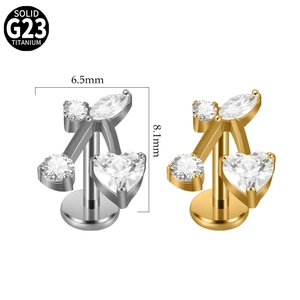 Labret a ciliegia in titanio G23 lucidato con zirconi cubici a cuore e marquise