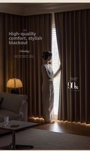 Detail of mocha cotton linen blackout curtain showing 90% shading rate and texture