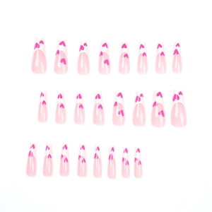 Long ballet press-on nails with light pink base and rose red heart pattern, 24pcs set