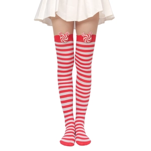 Detail of red and white striped over-knee socks featuring a cute candy swirl ornament