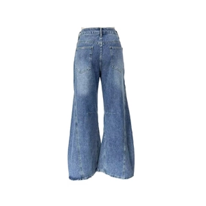 Rear view of high-waisted wide-leg denim jeans in a classic blue wash finish