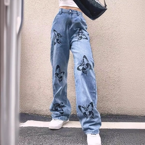 High Waist Jeans Damen Mit Schmetterlingsdruck Gerade Weites Bein Baumwolle Denim Loose Fit Streetwear Vintage